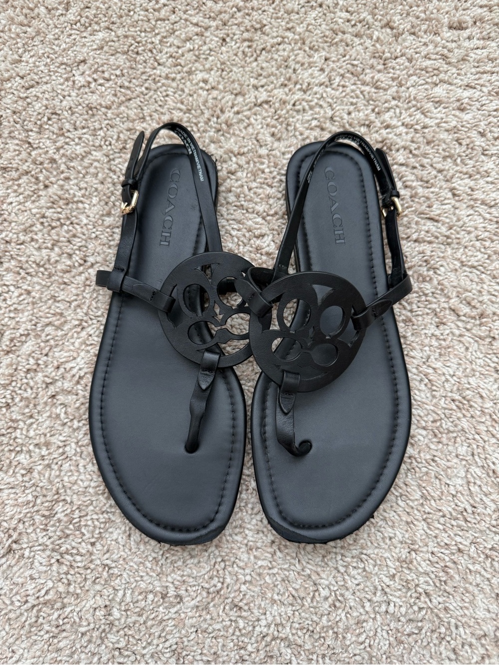 Coach Black Leather Logo Cutout Thong Sandals